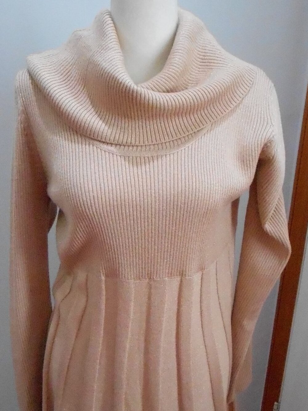 Calvin Klein Gold Metallic Rib Knit Oversized Cowl Neck Mini Sweater Dress Sz-XL